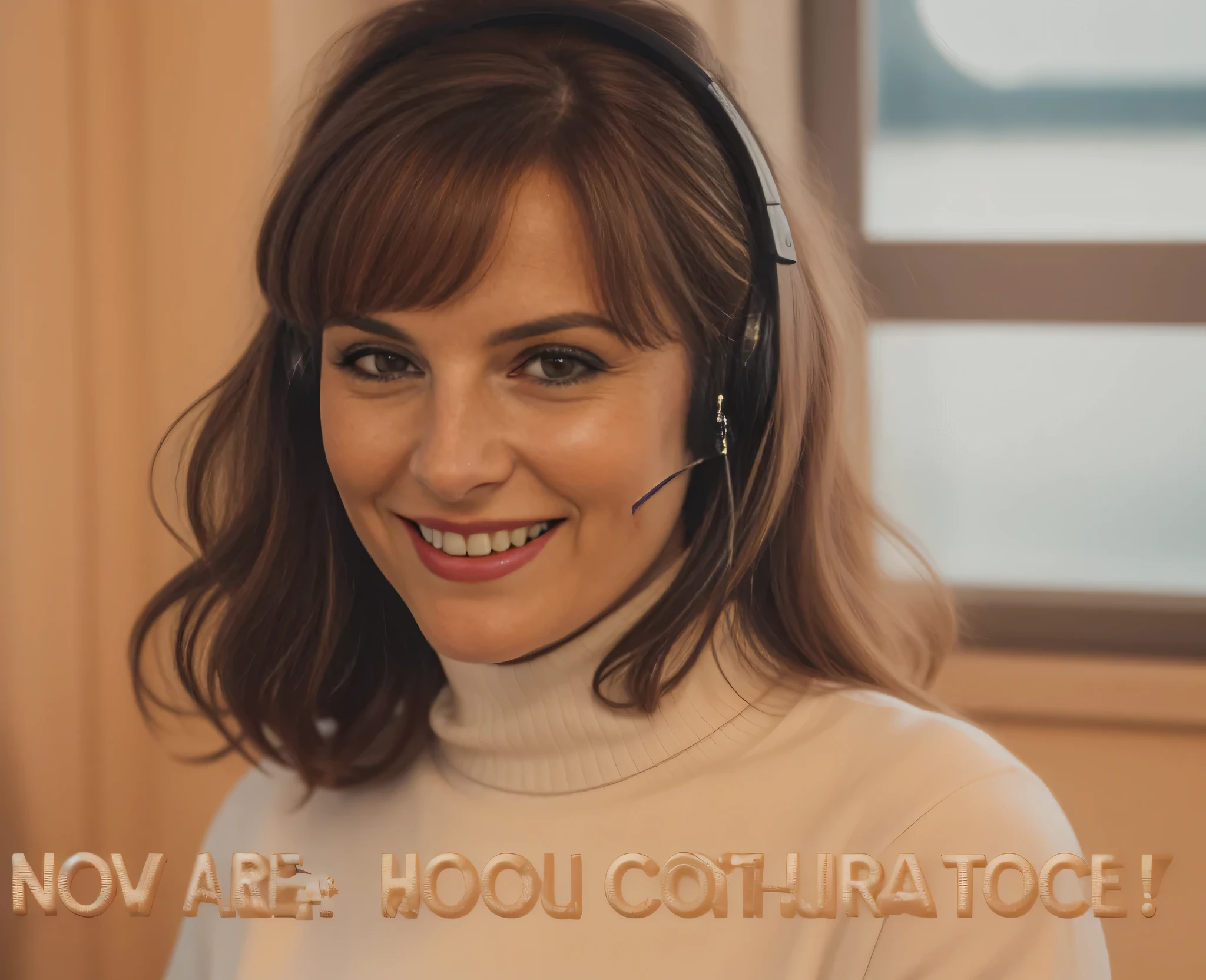 There is a woman who is sorridente and talking on the phone, vestindo uma gola alta branca. sorridente. Limpar foto, alta qualidade, high resolution, obra de arte, 8k.