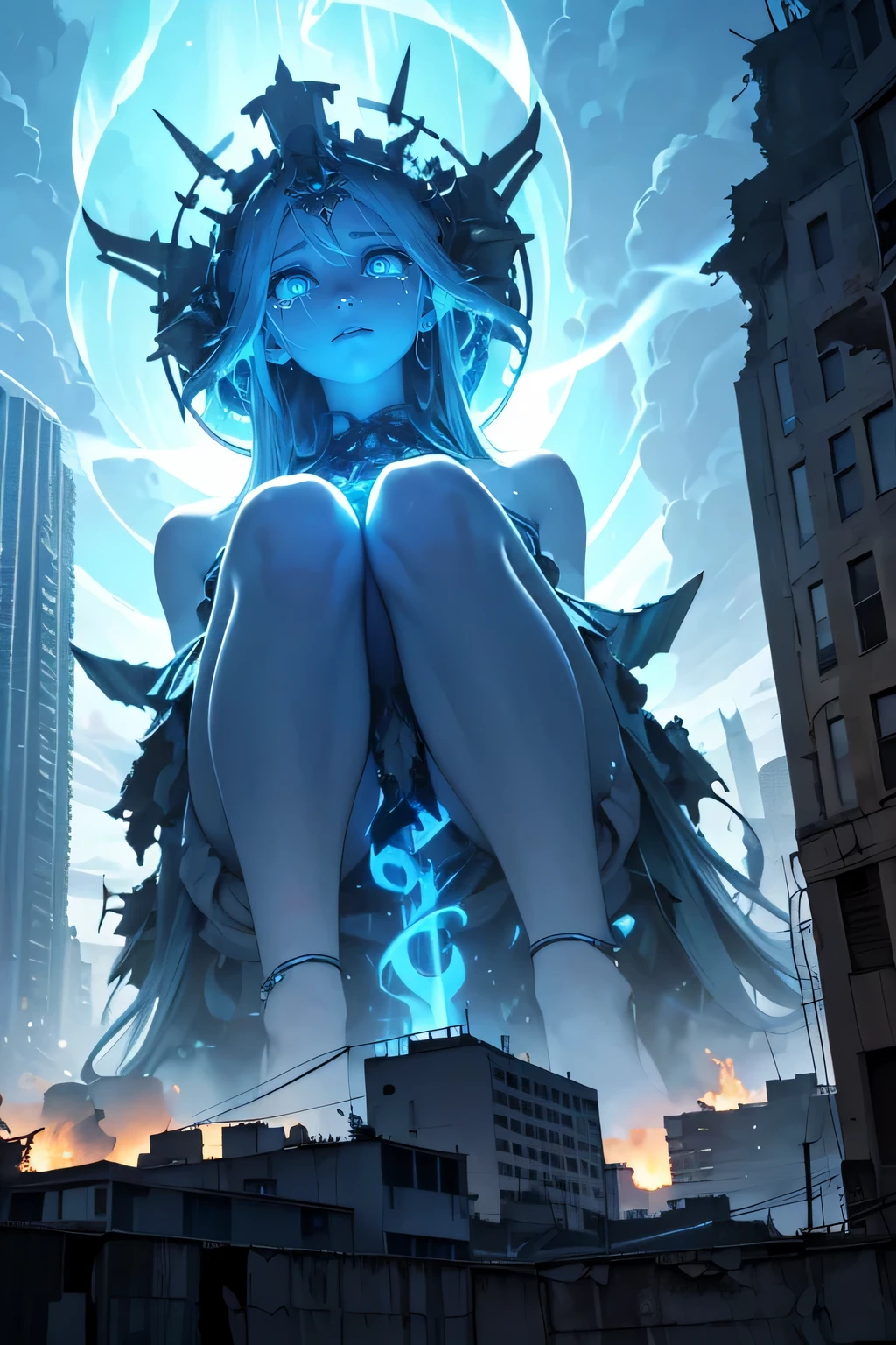 destroyed city, angle from below, (100 meter tall huge goddess floating, emits light from all over the body, last judgment, blue flame, lost pupils, drooping eyes, realistic skin, trace of tears), 