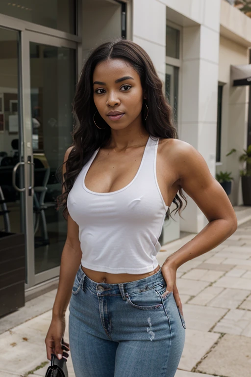 Young black girl, Wearing a white tank top with a large neckline and jeans, Sentada em um banco, ebony skin, corpo fitness, bela garota,  Slim body, tall girl , sfw Gigantic curly hair, Sfw seios gigantescos:1.5, face delicada,  long hair, ebano skin, caminhando, muscle body definition,