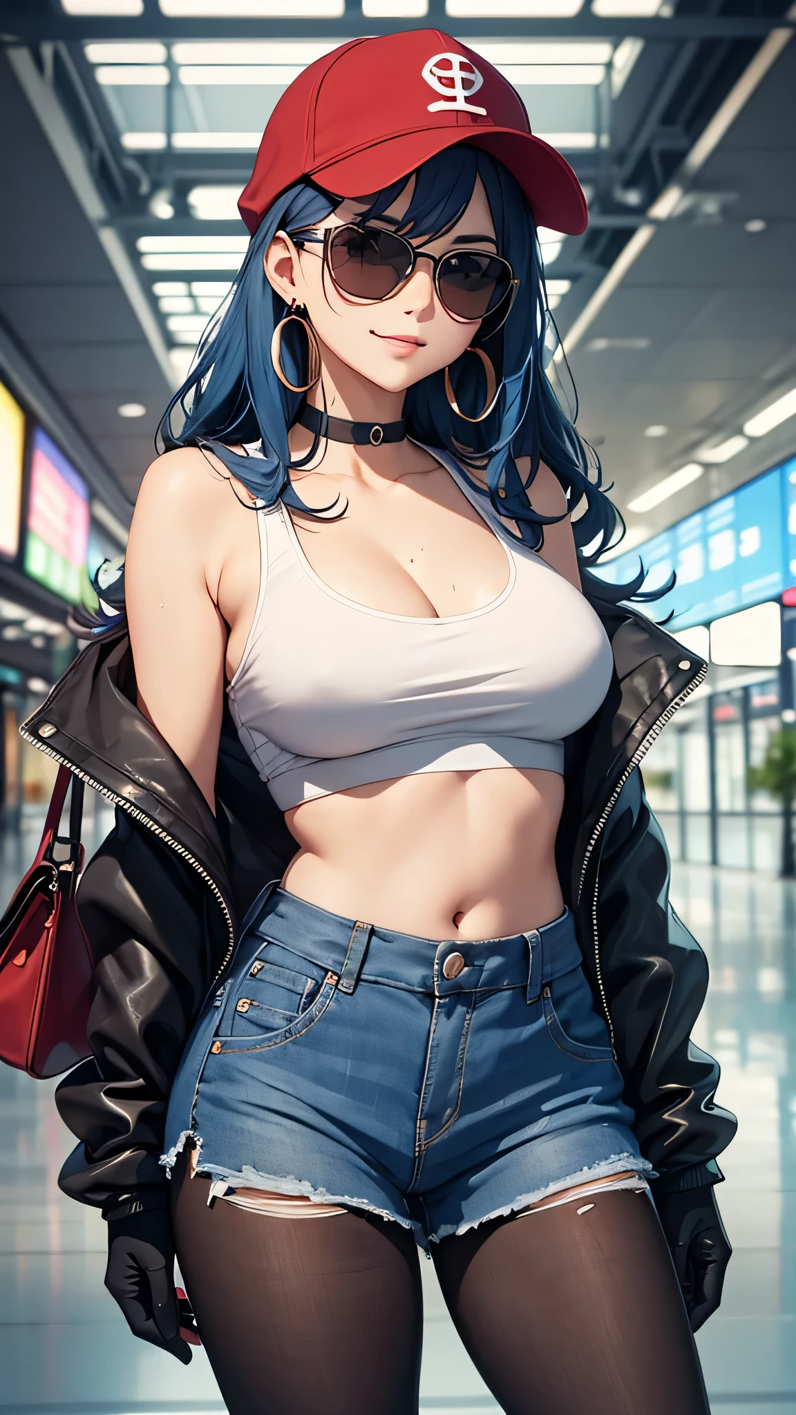 最high quality、best image quality、masterpiece、teenage girl((18-year-old、 By becoming、vest bust、???????????,wide open ?????? tea、black eye, light blue hair、long hair、thin,highest valley、Perforated gloves、blue earrings、bandana、cute smile、sweating、wrap the jacket around your waist、blue cap hat、red smoke sunglasses、blue tank top、military pants、Crouching posture、shoulder bag)),high quality、beautiful art、background((In the airport)),debris flies、Depth of written boundary、movie、visual art、perfect art、8K,genuine