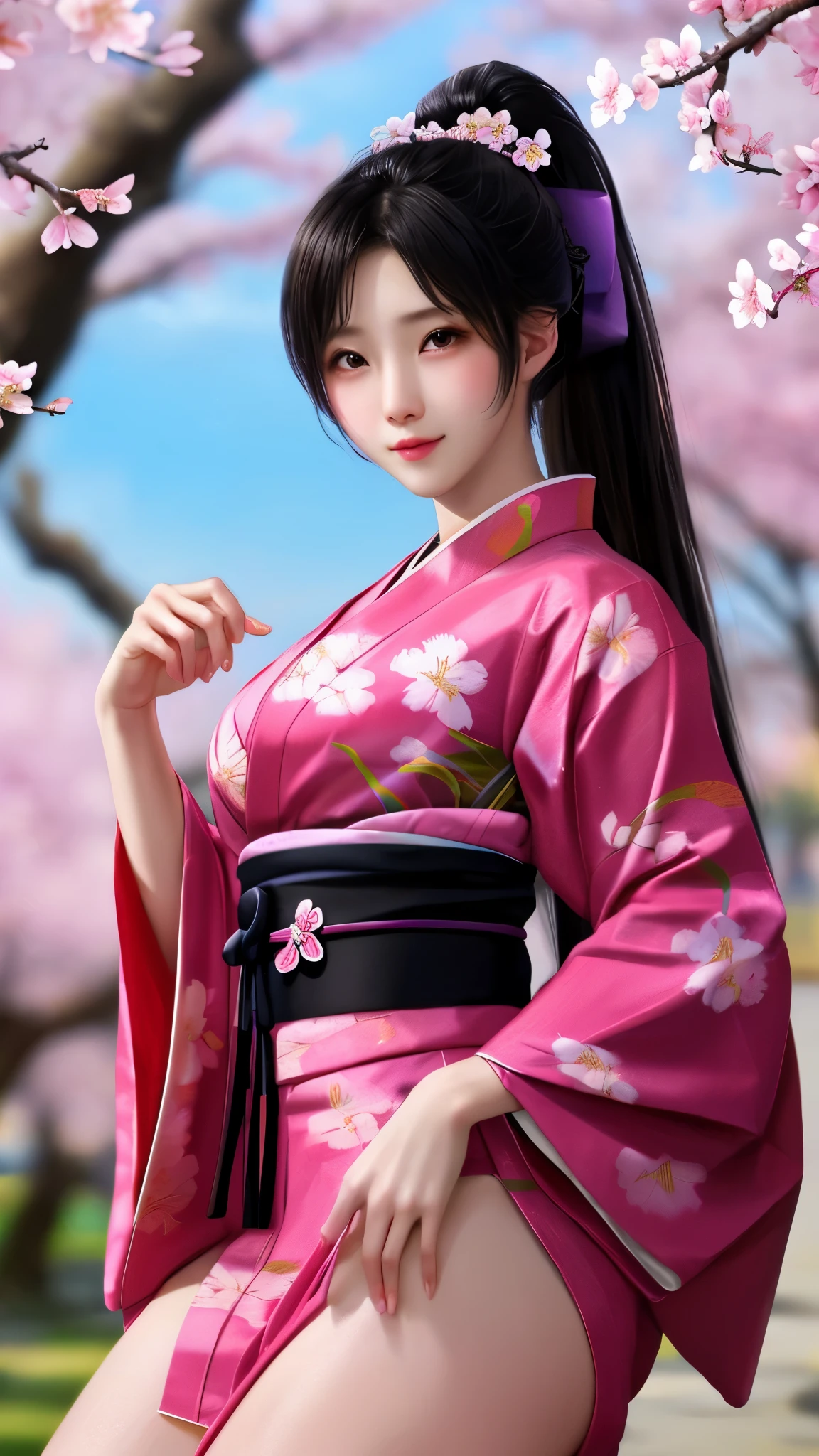 最high quality、high quality、best image quality、8K、最High resolution、High resolution、最high quality、masterpiece、realistic pictures、RAW photo、realistic atmosphere、(detailed face)、(fine hands、thumb1reference4)、(beauty of japan )、very nice face、cute face、((beautiful japanese girl))、(woman), ((18 year old beautiful girl))、(glossy black hair)、(straight long hair)、(ponytail)、whole body、slim style、(shiny skin)、(Fair skin, Glossy skin)、real human skin、realistic human body structure、perfect body, perfect face, perfect hands, perfect fingers, perfect lips, perfect eyes,perfect teeth、perfect background, perfect atmosphere,soft natural light、samurai kimono、maiko kimono、servant、geisha kimono、japanese kimono、Furisode、kimono、Yukata、japanese traditional、Samurai Residence、Japanese garden、((colorful transparent vinyl(flowery kimono、Hakama with side slits))、((Under the cherry blossom tree in full bloom(Poses that make your thighs look sexy))