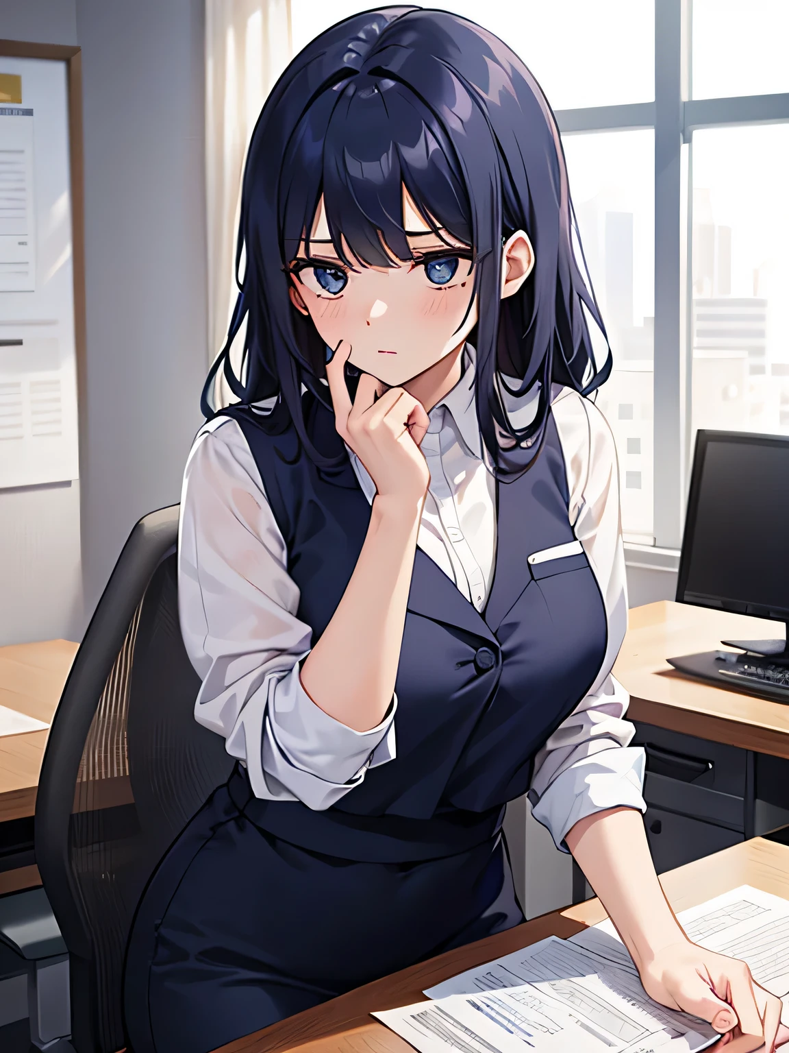 (1) a woman is working in an office.
(2) a man is talking to her、she is ignoring him.
(3) The woman is wearing a white blouse, a navy vest, and a navy blue tight skirt..
(4) The woman&#39;s expression is very cold, expressionless and unfriendly.
(5) Location、This is her office desk where she is working on her computer.。.