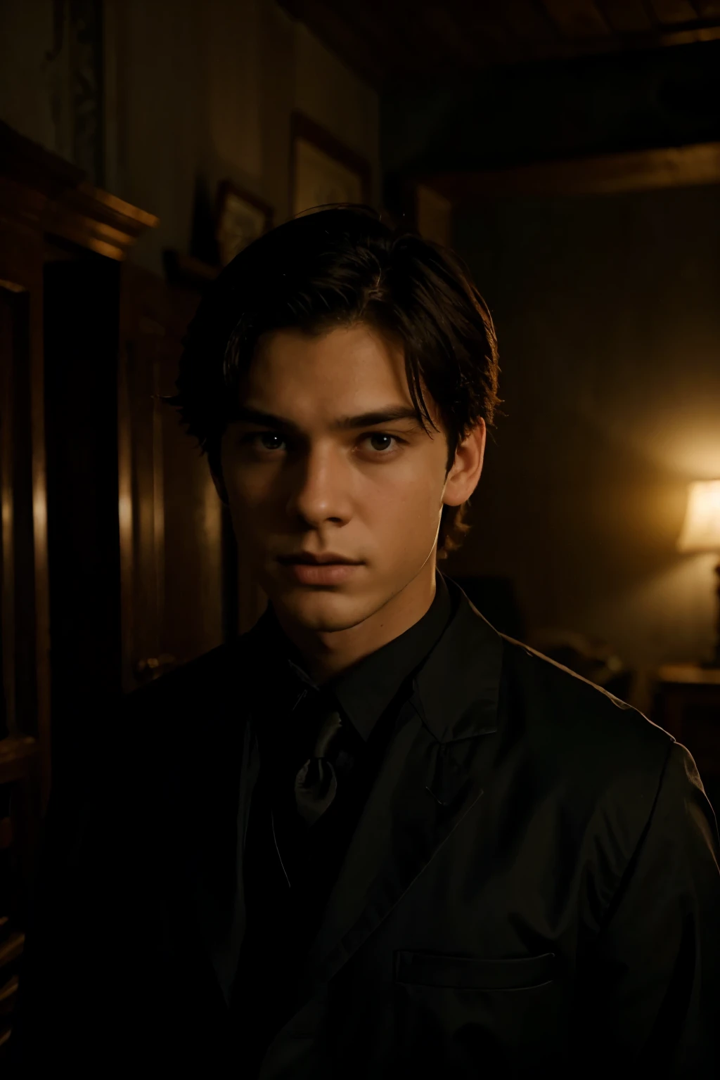 handsome age boy in a haunted house, very short hair, dark gothic ambience
