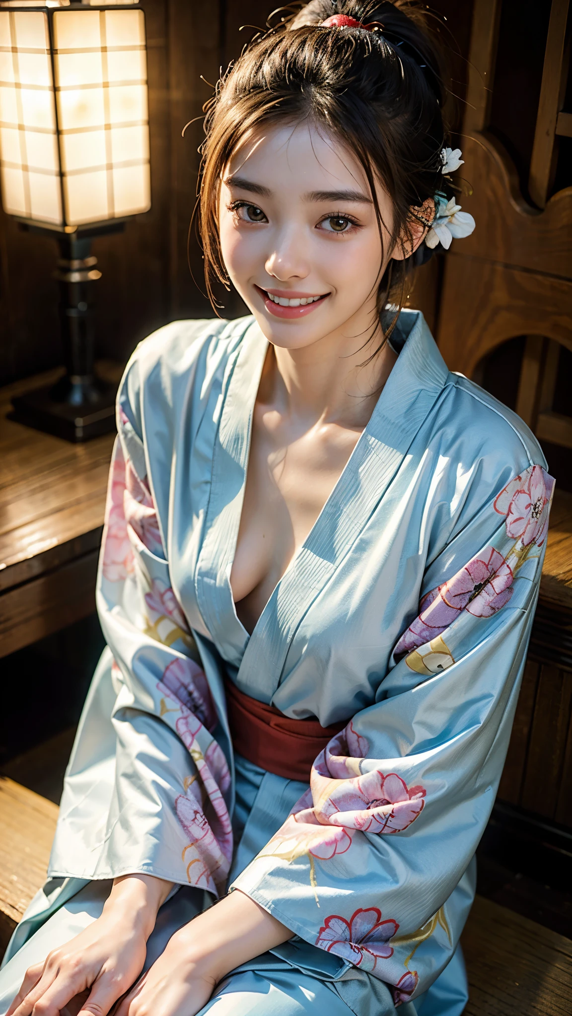 highest quality, masterpiece, ultra high resolution, (realistic:1.4), (close portrait) Raw photo, 1 girl, 22 years old,(((A well-dressed kimono))),((New Year)),masterpiece, realistic pictures, japanese pictures, fuji negative film, saturation, contrast, Pocari Sweat Advertisement ((small breasts)),((smiling showing teeth)),Ponytail and scrunchie,brown hair,