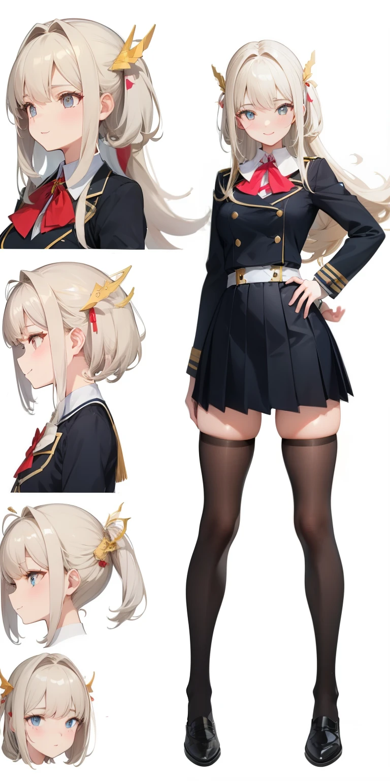 (masseter part,best quality,ultra-detailed),(character sheet:1.2),full body,School uniform,front view,side view,back view,golden eyes,bright pupils,delicate hair ornaments,long gray hair smooth, bow ribbon, bright smile, Uniforms, Reference Table, nffsw, precise, super detail, SolidBackground, high detail, 4k, dagger decoration, same character