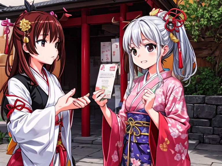 Young girls wearing Heian period costumes and white makeup stand happily at a rural shrine.。