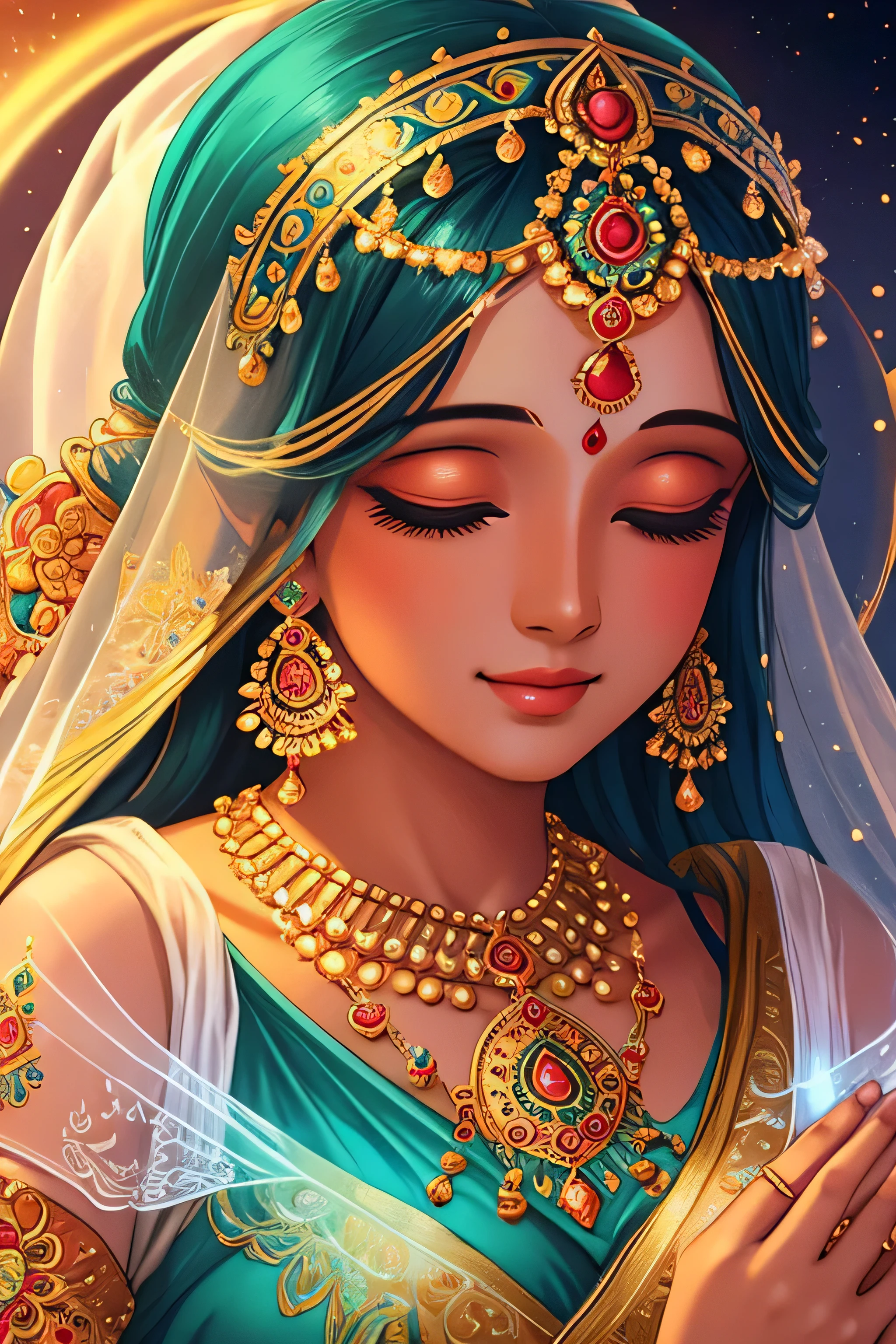 Crafting this image with real face in an AI image, the ethereal beauty of Goddess Radha is captured in a moment of divine love, radiating grace and serenity.