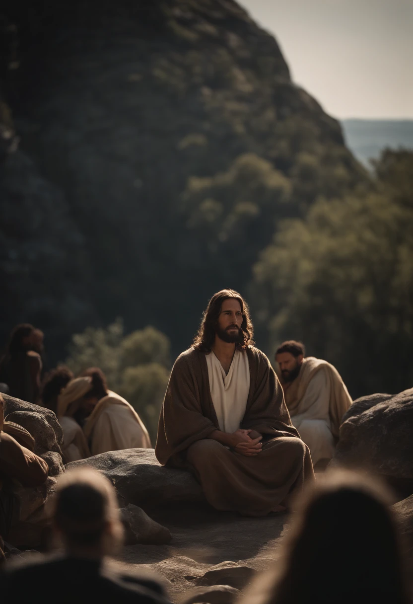 Jesus in the middle, sitting on a rock, with several people around praying as if he were in the spiritual world