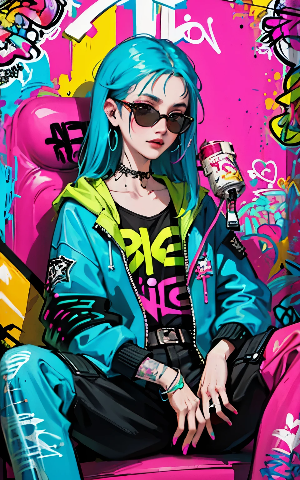 HD, (Best Detail) (Best Quality), Aalfi woman in sunglasses sitting in chair on sofa, (((Graffiti art))), (((Trigger studio style, graffiti art, rock punk, neon colors))), Carne Griffiths