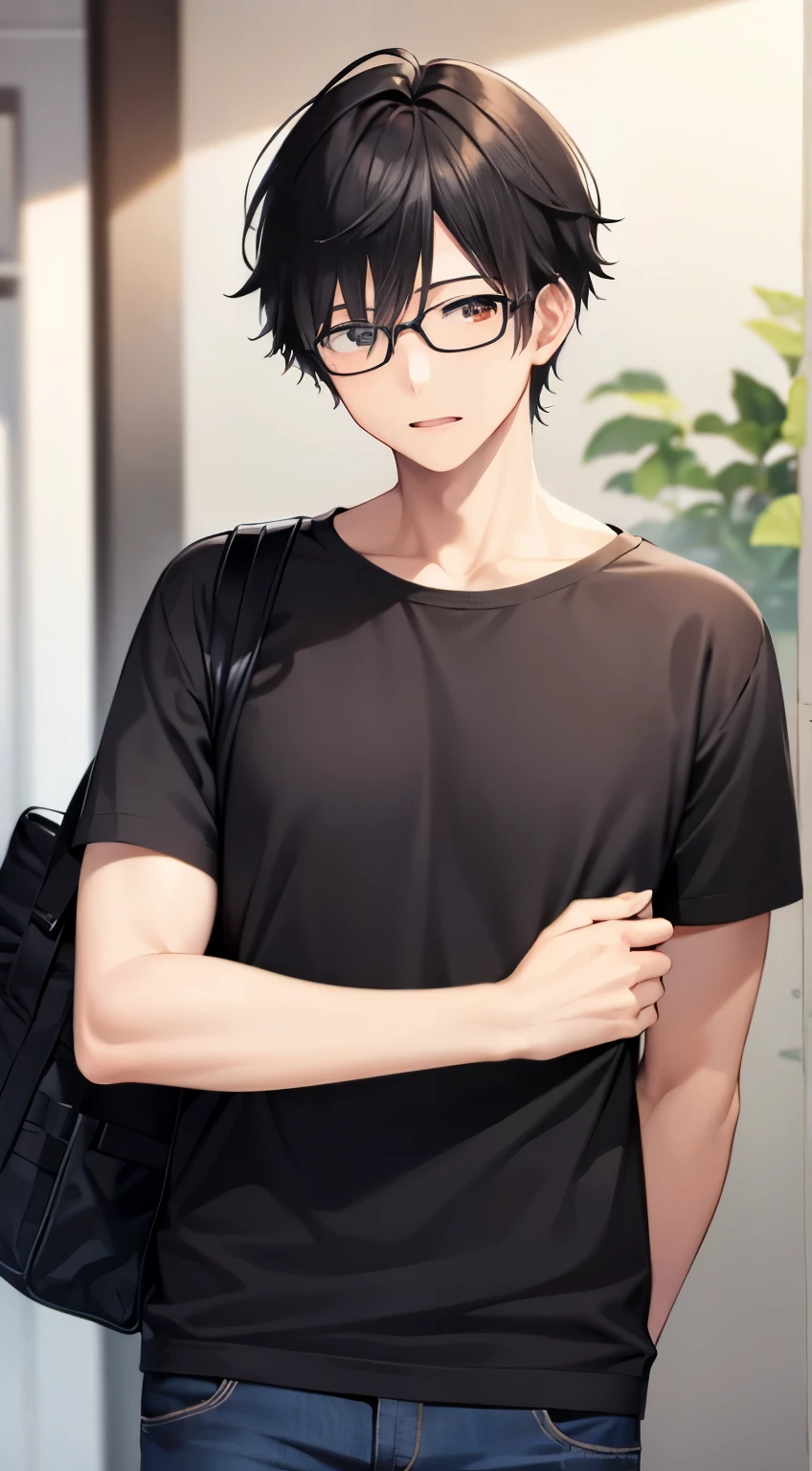 black hair short、male、glasses