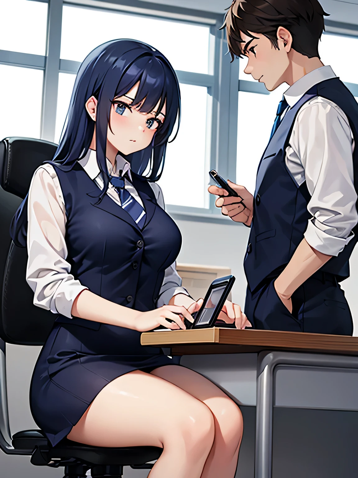 (1) a woman is working in an office.
(2) a man is talking to her、she is ignoring him.
(3) The woman is wearing a white blouse, a navy vest, and a navy blue tight skirt..
(4) The woman's expression is very cold, expressionless and unfriendly.
(5) Location、This is her office desk where she is working on her computer.。.