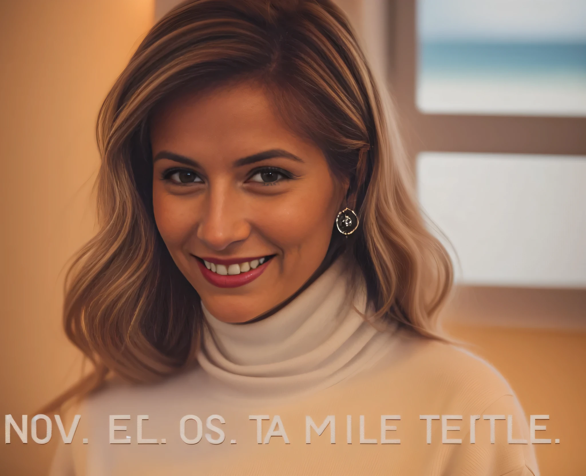 There is a woman who is sorridente and talking on the phone, vestindo uma gola alta branca. sorridente. Limpar foto, alta qualidade, high resolution, obra de arte, 8k.