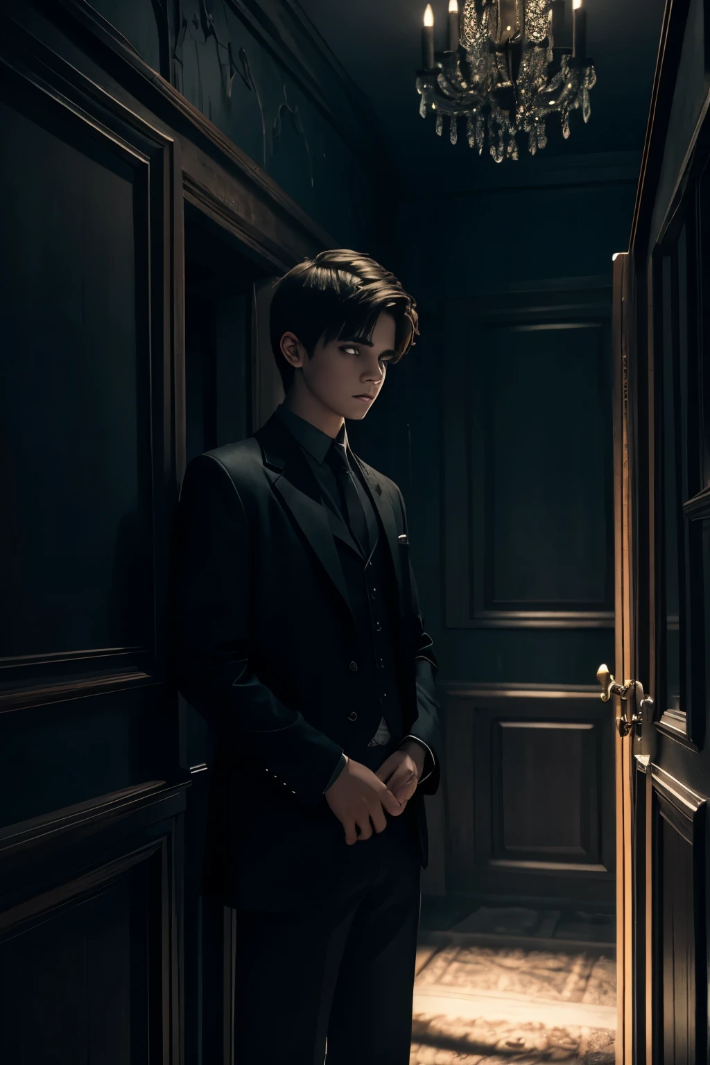 handsome age boy in a haunted house, very short hair, dark gothic ambience