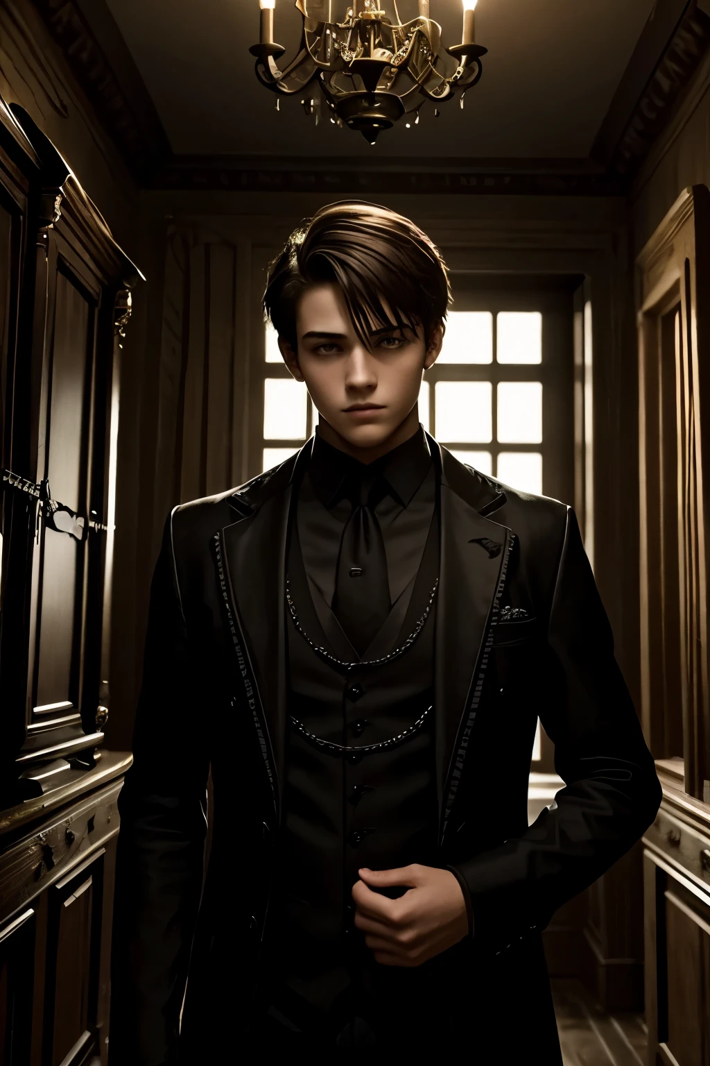 handsome teenage boy in a haunted house, very short hair, dark gothic ambience
