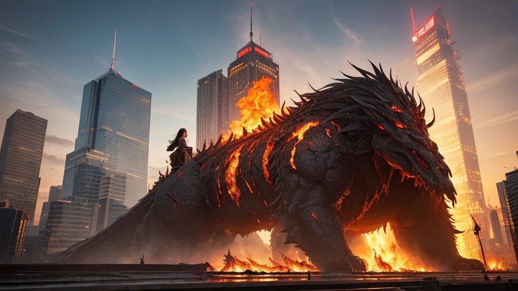 (Huge Monster and sexy sorceress), (in 8K, RAW Photos, top-quality, masterpiece:1.2), (realisitic, Photorealsitic:1.37), ultra-detailliert, high resolution, building crumbling, Burning flame, stunningly beautiful face, dynamic ungle, shinjuku