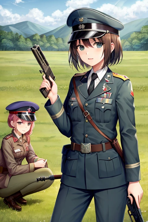 girls in second world war military uniform, holding weapons, on the battlefield