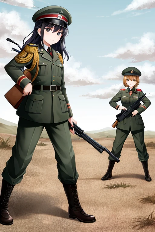 Step into the heart of battle as a female soldier takes charge with exceptional leadership skills. Surrounded by her fellow soldiers, she strategizes and directs the action with precision. The intensity of the moment is captured in her focused expression and confident stance. Amidst the turmoil of war, she remains composed and resolute, embodying the essence of a true leader on the battlefield. (Exceptional leadership skills, Focused and confident in the midst of battle), (Surrounded by fellow soldiers:1.3), (Strategizing and directing with precision:1.2), (Composed and resolute amidst the turmoil of war:1.2), inspired by the valor of female leaders in combat,(((milf))) <lora:Vermouth_20230727192625:0.8>