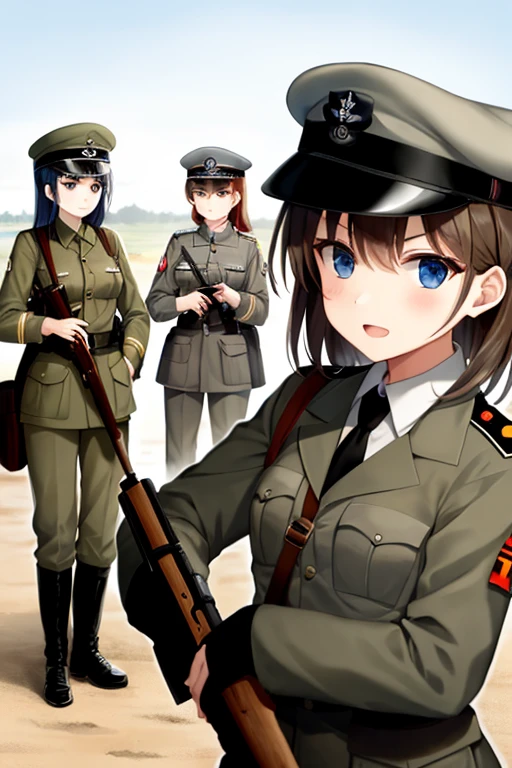 girls in second world war military uniform, holding weapons, on the battlefield