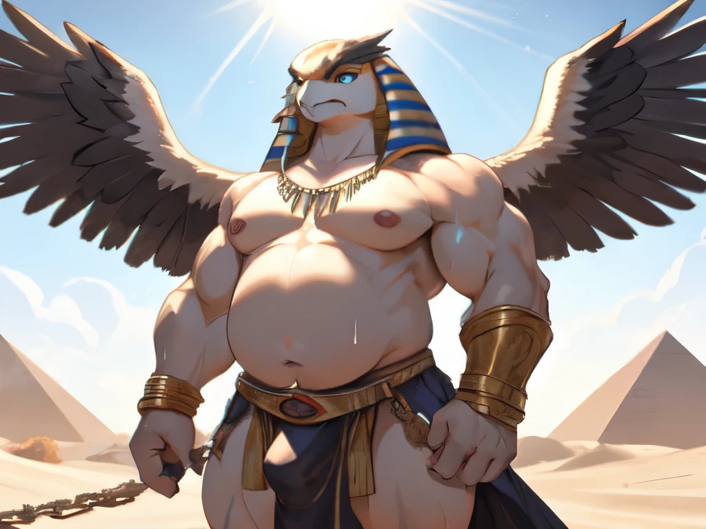 ((best quality)), ((masterpiece)), (detailed), Horus,God,falcon head,bird head,falcon face,bird face,Egyptian horus,pyramid,desert,Male,male body,muscle,muscular,shirtless ,top less,8k,add_detail,best quality,sharp focus,masterpiecedetail eyes,extreme detail,super detail,vibrant colors,cinematic,high quality,4k,white skin,hand some ,fit,abs,six pack,Big muscle,sun light,feather,black feather,falcon wings,black wings,Gold,golden necklace, loincloth,golden loincloth,Black loincloth, claw,golden outfit,black outfit,perfect body,show body human body, half man half animal, Formidable,god of Egypt ,falcon eyes,beautiful eyes,short hair,white skin ,white body,diamond necklace ,golden feather head,big wings,open wings,pose,HD nipples,angry eyes, chubby, fluffy, fat, obese, musclechub, hard penis, penis outline, bulge, hidden under loincloth, large penis, balls visible, overweight, fat, big fat, one arm lifted up, fluffy armpits, sweaty, heat, extreme head, warm lighting, under shade, dynamic pose, tilted camera, penis exposed, masturbating, hard penis, cum