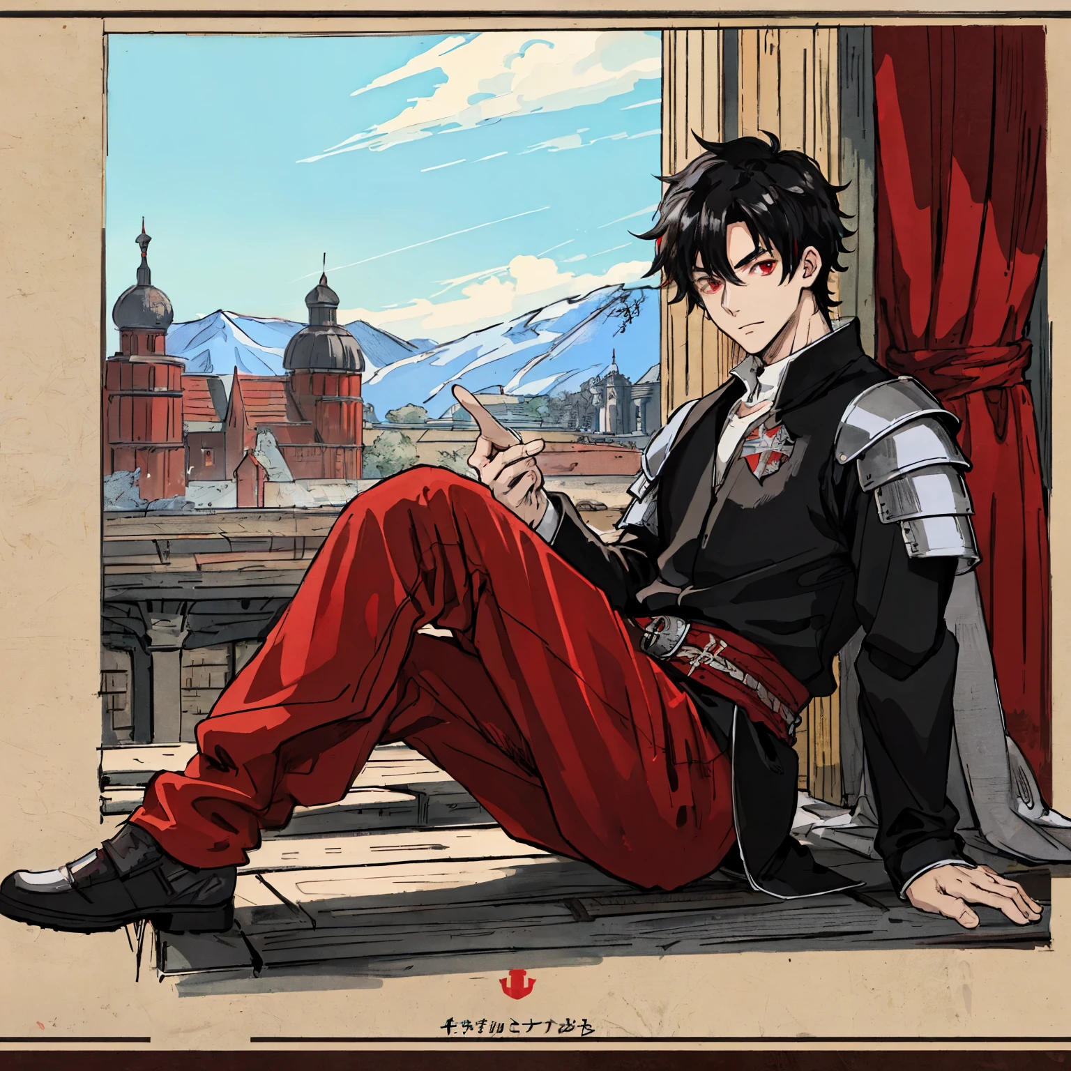 128K Ultra High Definition, 128K Ultra High Quality, 128K Ultra High Resolution, Best Definition, Best Quality, Best Resolution, Perfectly Detailed, Perfectly Designed, Extremely Detailed, Extremely Designed, Hyper Detailed, Hyper Definition, Hyper Quality, Hyper Resolution, Masterpiece, (((Anime))), Body Shot, (((Boy))), Handsome, Muscular Body, (((Black Short Hair))), (((Red Eyes))), (((Hyper Detailed & Perfectly Designed With Ultra High Quality Red Warlord Armor))), (((Inside Of Medieval Royal library Background Scenery))),