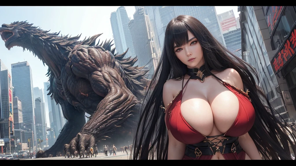 (Huge Monster and sexy sorceress), (in 8K, RAW Photos, top-quality, ​masterpiece:1.2), (realisitic, Photorealsitic:1.37), ultra-detailliert, high resolution, building crumbling, Burning flame, stunningly beautiful face, dynamic ungle, shinjuku