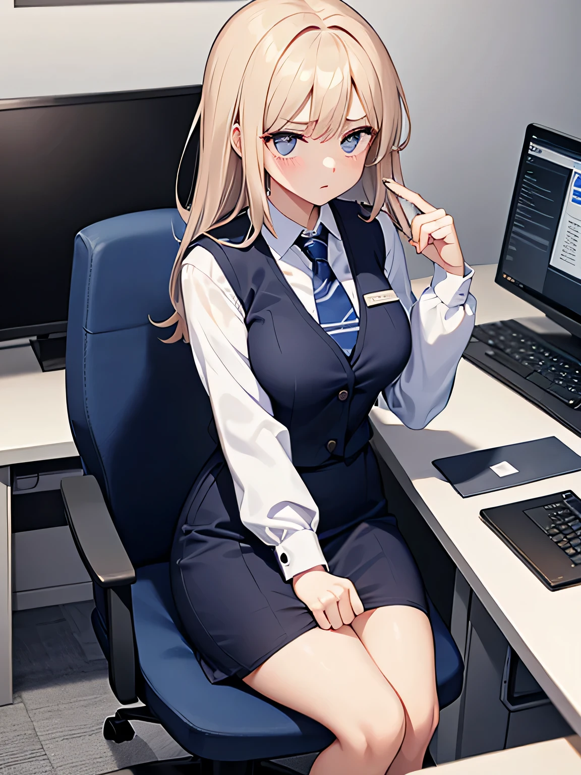 (1) a woman is working in an office.
(2) a man is talking to her、she is ignoring him.
(3) The woman is wearing a white blouse, a navy vest, and a navy blue tight skirt..
(4) The woman&#39;s expression is very cold, expressionless and unfriendly.
(5) Location、This is her office desk where she is working on her computer.。.
