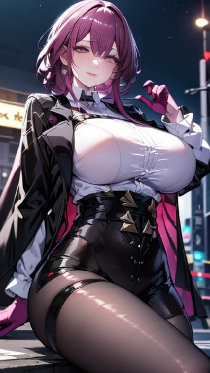 A sexy woman on the road at night,kafka,black  jacket,Purple gloves,
huge filesize,artbook,medium breasts,cinematic_angle,Black stockings,slender_waist,, (masterpiece, high resolution, best quality:1.4, breathtaking, ultra detailed), large breasts, huge large breasts,