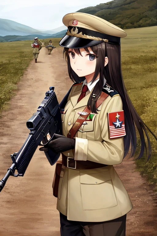 girls in second world war military uniform, holding weapons, on the battlefield