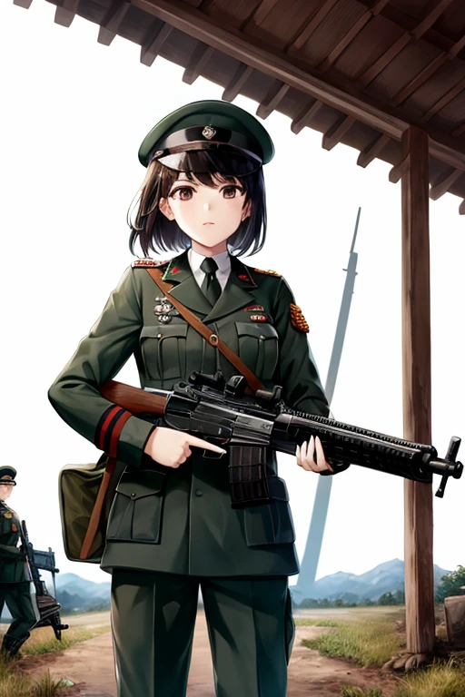 girls in second world war military uniform, holding weapons, on the battlefield