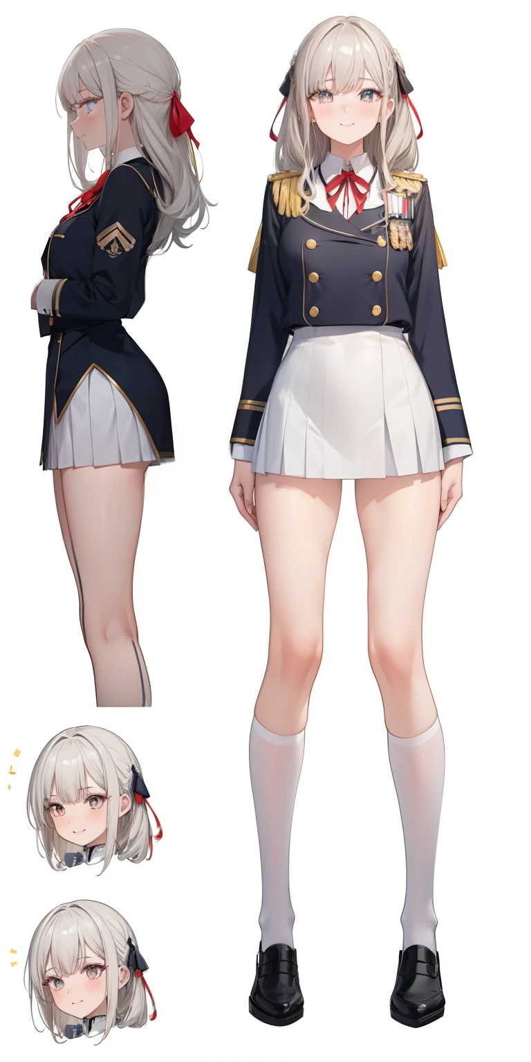 (masseter part,best quality,ultra-detailed),(character sheet:1.2),full body,School uniform,front view,side view,back view,golden eyes,bright pupils,delicate hair ornaments,long gray hair smooth, bow ribbon, bright smile, Uniforms, Reference Table, nffsw, precise, super detail, SolidBackground, high detail, 4k, dagger decoration, same character