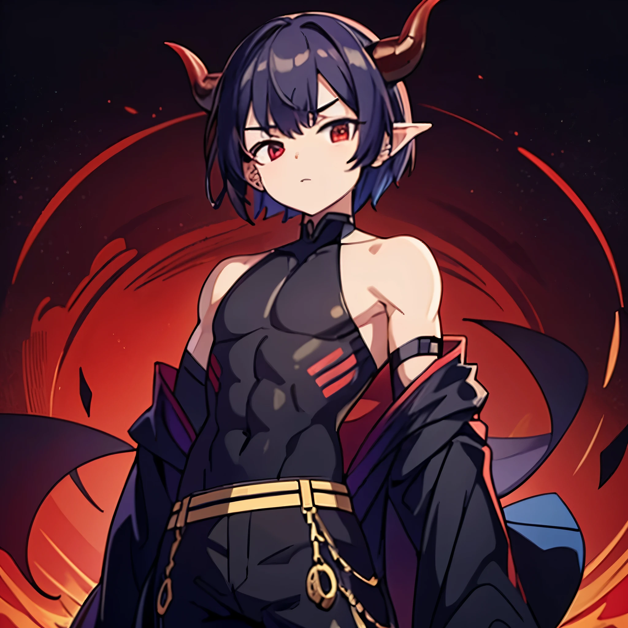 1boy((best quality)), ((masterpiece)), (detailed), perfect face1 boy;((best quality)), ((masterpiece)), (detailed), perfect face;shuten doji style; pretty face ; pretty boy, demon horns protruding out of forehead; black hair; lean physique; wearing tight sleevles shirt e; standing in front of viewer ; black medium hair,male ; make him a male with a male chest, full body shot, wearing pants, wearing tight sleevless tank top ,sfw, small lean body, tight fitting clothe, red and black color scheme, , petit body , pointy ears