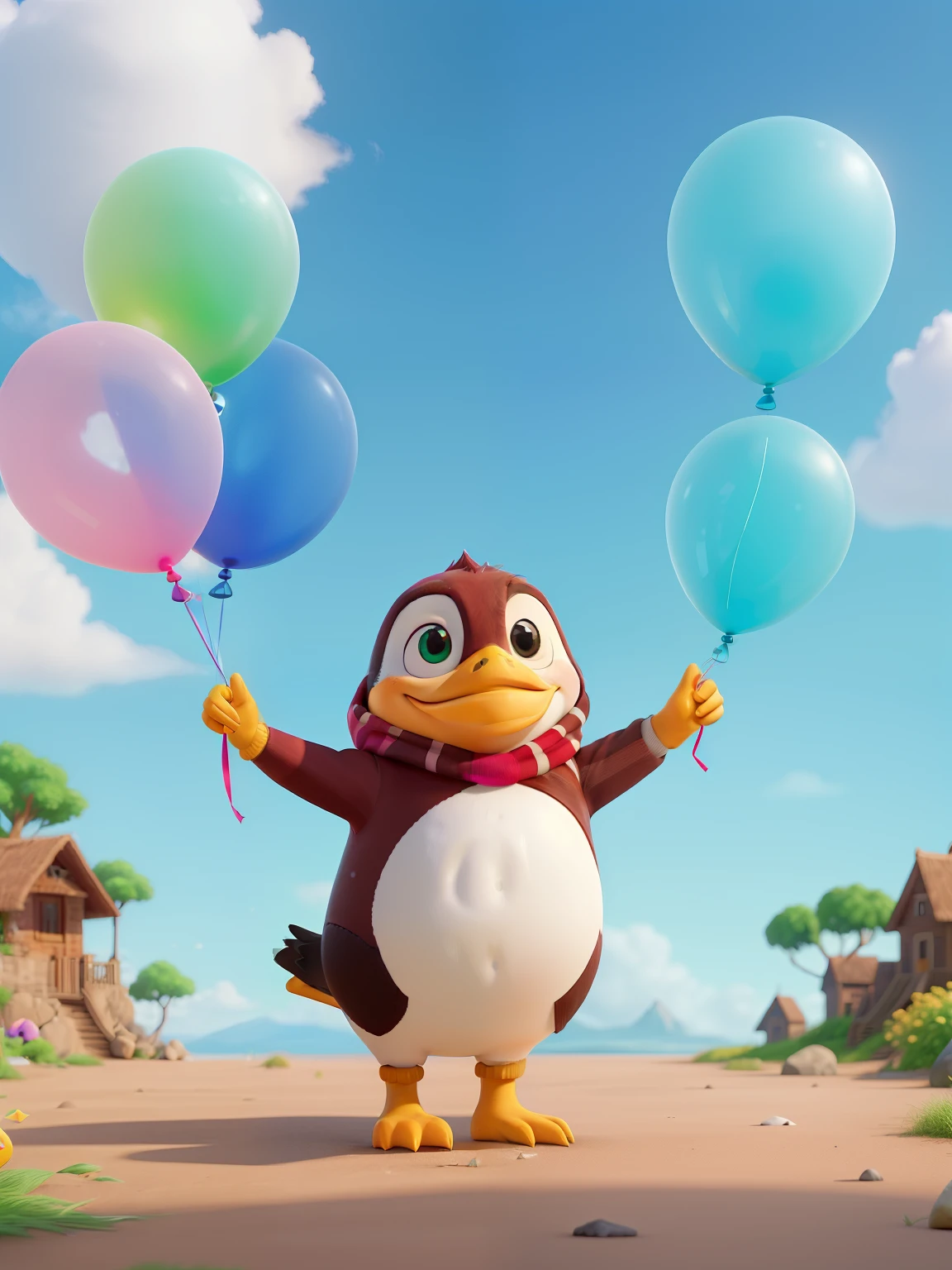 (better quality,4k,8k,Altas,master piece:1.2),Cute penguin playing with balloons,illustration,frisky,alegre,derretendo neve,Penas fofas,blue sky,Grama Verde,dia ensolarado,sombras suaves,cores vibrantes,atmosfera alegre,Bouncing balloons
