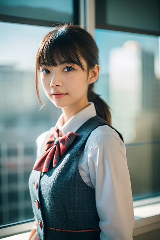 1girl, matured female, vest, bow, photo, realistic, best quality, hires, detailed face, office, buildings from window, detailed background, diffused sunlight, depth of field, bokeh