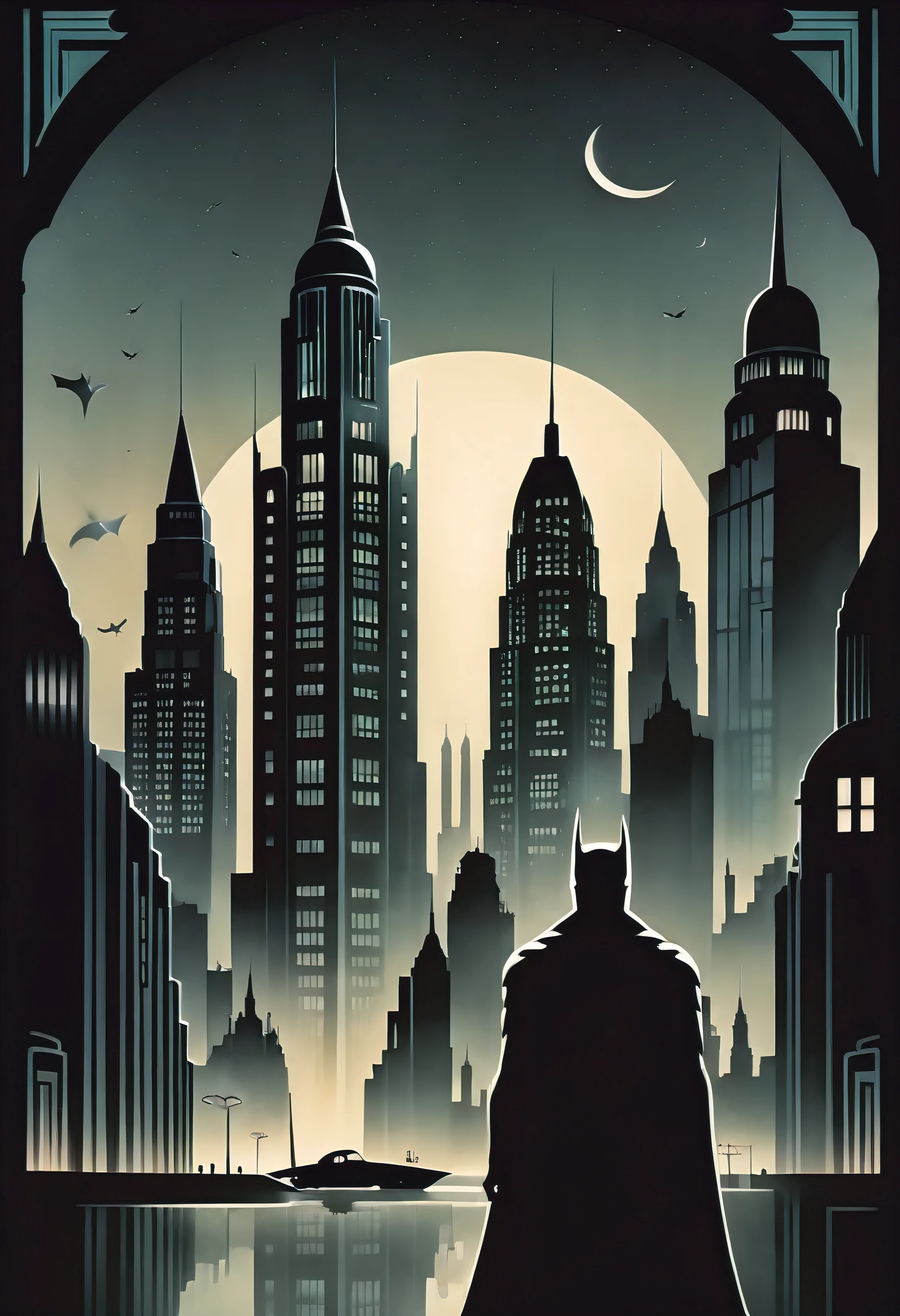 (Masterpiece in maximum 16K resolution:1.6),((art_deco_style):1.3) ((darkest_insane_silhouette_illustration):1.2),(intricate detail:1.4), (extremely insane detail:1.4),(highest quality:1.3),(Hyper_realistic:1.3). | Black and white, silhoutte art, (art deco style gotham city),batman figure, subtle details, art deco background, soft lighting, captivating composition, batman silhouette, artistic interpretation. | ((silhoutte_of_Gotham_City__in_art_deco_style):1.5), art deco decorations, dark decorations, each art detailed and rendered with a masterful gouache technique, silhoutte art behance,surreal, It gives an exotic aura. | (perfect_fingers:1.0), (perfect_legs:1.0), better_hands, More_Detail.