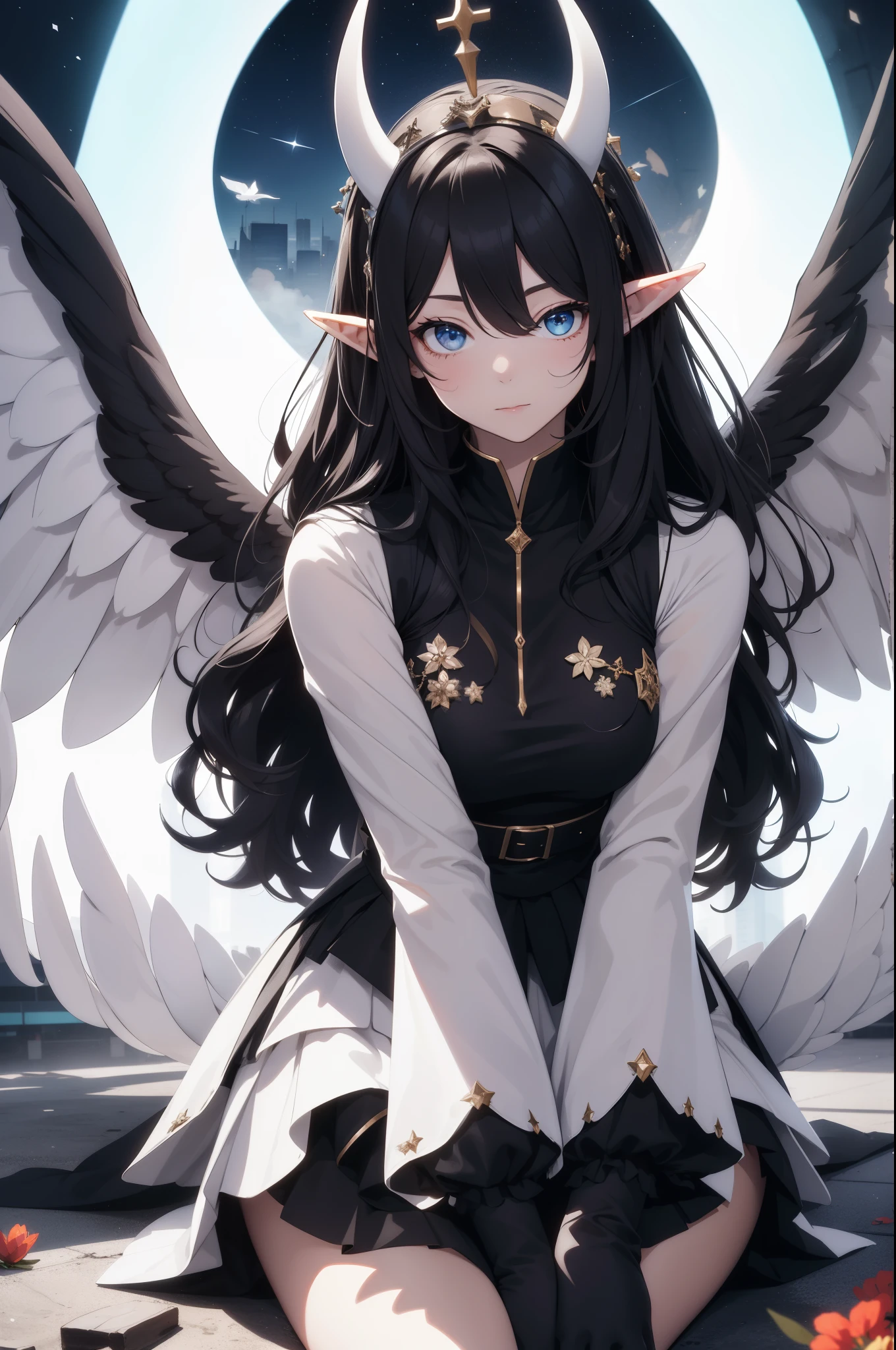 giant girl 50,000 feet high，Weight 1000kg，Has a pair of long legs，Open your eyes wide，Has three pairs of huge white angel wings，With huge devil horns on his head，crown on head，Elf wearing white earrings，She has long black hair that reaches her feet，loose hair，Black wavy long curly hair，Wearing a pair of black boots，White sleeves，white skirt，Skirt with bow and star decorations，Destroying a small city，Beautiful appearance，Exquisite makeup，quality，8k，高quality，Perfect proportion, Cinema lighting，film grain，Fuji colors，8k，textured skin，Super details，high detail，high resolution，Domineering，Strong，charming，blood stains，脚底有blood stains，whole body，Obese，elf princess，feather，flowers