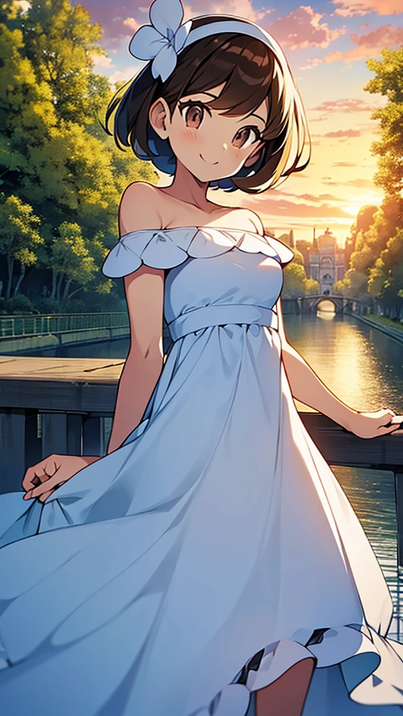 Bianca (pokemon heroes), 1 girl, solo, short hair, brown hair, brown eyes, bare shoulders, strapless, off shoulders, ruffle off the shoulder top, white maxi dress, close up headshot, intricate details, sharp focus, high resolution, the background of beautiful flower park with trees and canals, beautiful sunset, smile, walking on the bridge, arms behind back