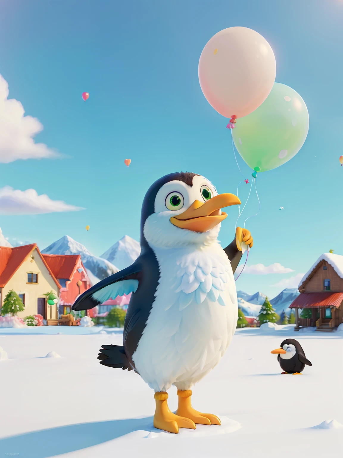 (best quality,4k,8k,highres,masterpiece:1.2),cute penguin playing with balloons,illustration,playful,joyful,melting snow,fluffy feathers,blue sky,green grass,sunny day,soft shadows,vibrant colors,cheerful atmosphere,bouncy balloons