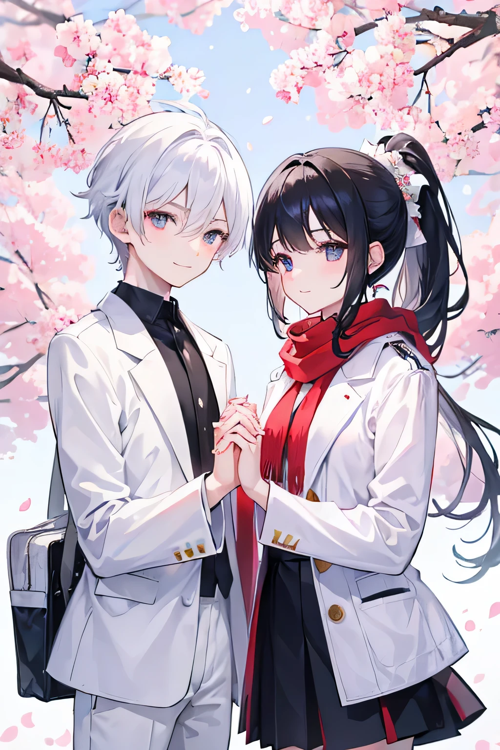 two-dimensional，A boy and a girl holding hands and smiling under a huge cherry blossom tree，Boy with white hair and golden eyes，wearing white clothes, white pants, and white jacket，He wears a red scarf around his neck，black hair, single ponytail, purple and black eyes，skirt，The ground is a sea of white flowers，cherry blossom scattering，daytime，There are some stars in the sky