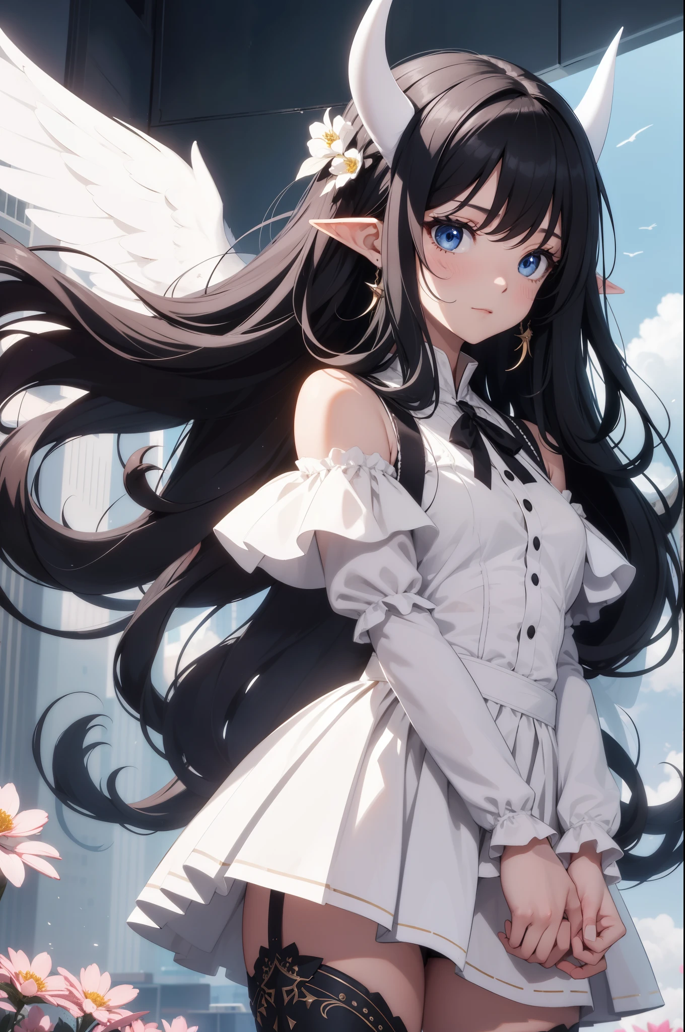 giant girl 50,000 feet high,Weight 1000kg,Has a pair of long legs,Open your eyes wide,Has three pairs of huge white angel wings,With huge devil horns on his head,crown on head,Elf wearing white earrings,She has long black hair that reaches her feet,loose hair,Black wavy long curly hair,Wearing a pair of black boots,White sleeves,white skirt,Skirt with bow and star decorations,Destroying a small city,Beautiful appearance,Exquisite makeup,quality,8k,高quality,Perfect proportion, Cinema lighting,film grain,Fuji colors,8k,textured skin,Super details,high detail,high resolution,Domineering,Strong,charming,blood stains,脚底有blood stains,whole body,Obese,elf princess,feather,flowers
