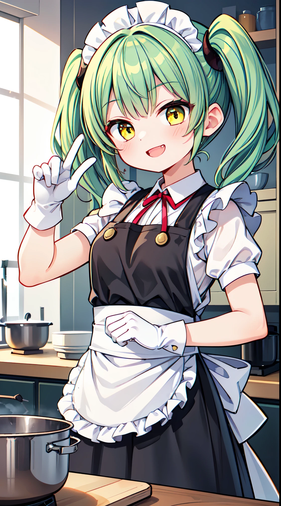 (super fine illustration:1.2),(masterpiece, 8k), (best quality, high quality:1.4), perfect anatomy, hyper detailed, ultra detailed,masterpiece background,beautiful detailed background, v8k wallpaper,perfect design,award-winning art,atmospheric,
BREAK, 1 beautiful girl, (17 year old girl),alone,(cute:1.5),(Little:0.6),(cute:1.5),(change:0.5),break, :d, (twin tails, green hair, horn, long hair:1.35), (yellow eyes, double, slanted eyes:1.45), blush, double teeth, ((D cup breasts))), heart, sight, maid, /maid dragon/, dragon tail, (long eyelashes, double eyelids, thin eyebrows:1.2), alone, glowing skin, beautiful skin, beautiful skin, (highest quality face), (highest quality slanted eyes), maid outfit, gloves, open your mouth, short sleeve, smile, white gloves,(The best smile,smug face:1.45),
BREAK,
(cute, kawaii, charming girl, apron, cooking, kitchen, clear:1.3), delicious looking food on dish, look up,smile,
BREAK,wakame,wakame,wakame,(dynamic pose,from front:1.5)
BREAK,(Blurry background:1.3),(absurderes, hight resolution, Super Detail Art),cel shading,Clear Color, Lonely optical effect, Beautiful pictures, Bright glow, mystic atmosphere,(Close-up of girl:1.1), Mystical light particle effect,manga influence, clean line drawings,