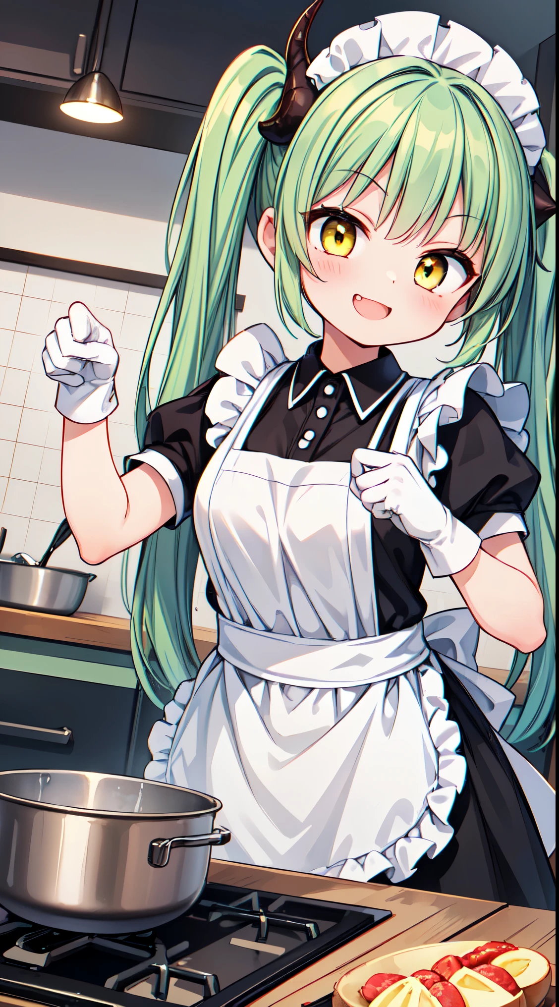 (super fine illustration:1.2),(masterpiece, 8k), (best quality, high quality:1.4), perfect anatomy, hyper detailed, ultra detailed,masterpiece background,beautiful detailed background, v8k wallpaper,perfect design,award-winning art,atmospheric,


BREAK, 1 beautiful girl, (17 year old girl),alone,(cute:1.5),(Little:0.6),(cute:1.5),(change:0.5),break, :d, (twin tails, green hair, horn, long hair:1.35), (yellow eyes, double, slanted eyes:1.45), blush, double teeth, ((D cup breasts))), heart, sight, maid, /maid dragon/, dragon tail, (long eyelashes, double eyelids, thin eyebrows:1.2), alone, glowing skin, beautiful skin, beautiful skin, (highest quality face), (highest quality slanted eyes), maid outfit, gloves, open your mouth, short sleeve, smile, white gloves,(The best smile,smug face:1.45),


BREAK, 
(cute, kawaii, charming girl, apron, cooking, kitchen, clear:1.3), delicious looking food on dish, look up,smile,



BREAK,wakame,wakame,wakame,(dynamic pose,from front:1.5) 


BREAK,(Blurry background:1.3),(absurderes, hight resolution, Super Detail Art),cel shading,Clear Color, Lonely optical effect, Beautiful pictures, Bright glow, mystic atmosphere,(Close-up of girl:1.1), Mystical light particle effect,manga influence, clean line drawings, 
 