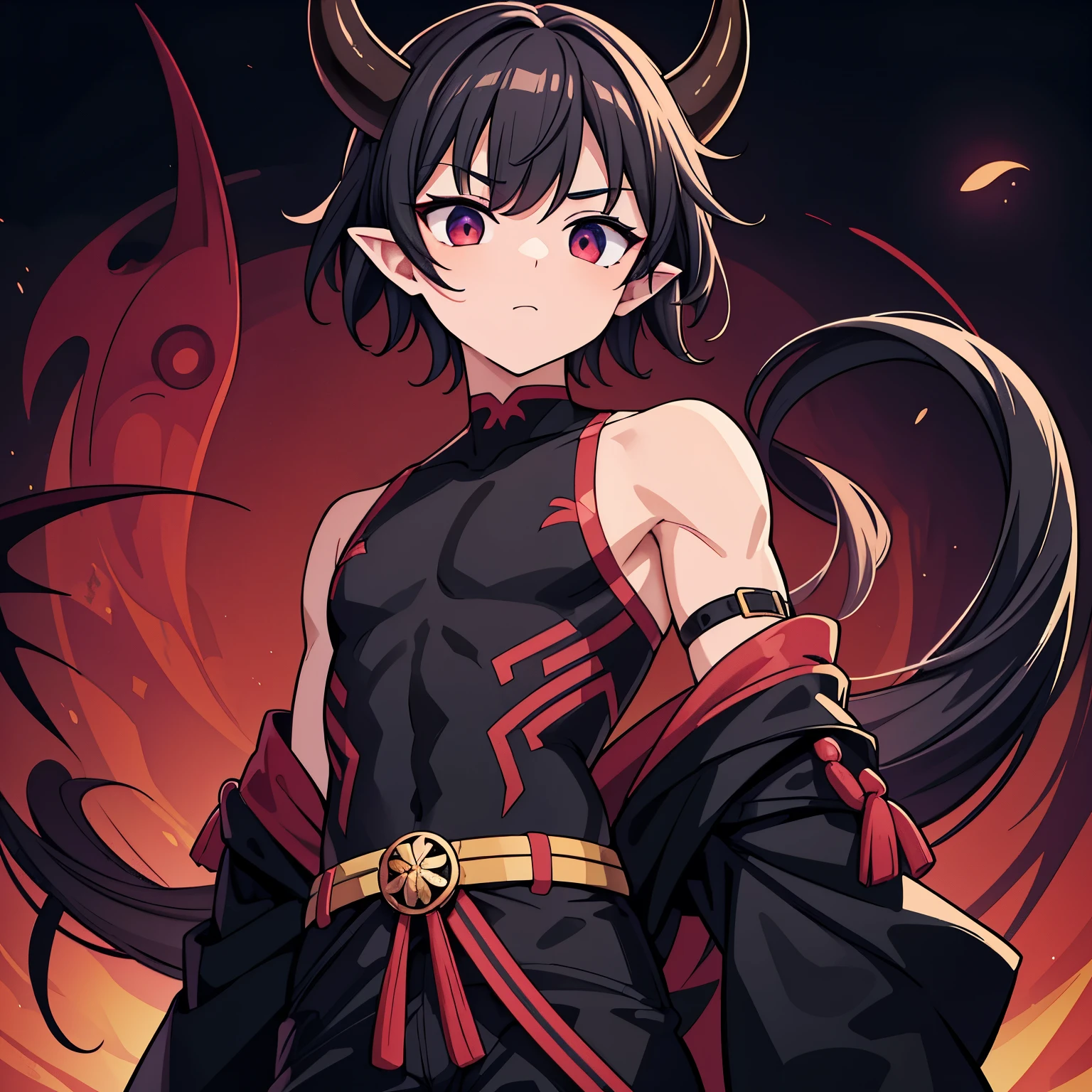 1boy((best quality)), ((masterpiece)), (detailed), perfect face1 boy;((best quality)), ((masterpiece)), (detailed), perfect face;shuten doji style; pretty face ; pretty boy, demon horns protruding out of forehead; black hair; lean physique; wearing tight sleevles shirt e; standing in front of viewer ; black medium hair,male ; make him a male with a male chest, full body shot, wearing pants, wearing tight sleevless tank top ,sfw, small lean body, tight fitting clothe, red and black color scheme,  , petit body , pointy ears