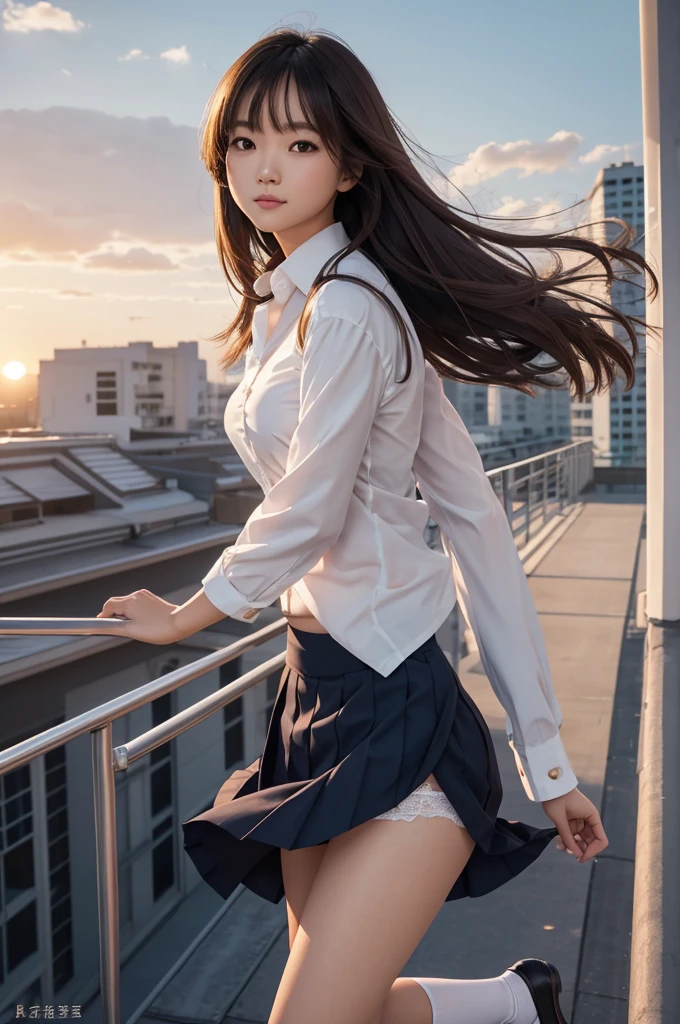 1 girl、（(Beautiful girl lying on the stairs)）、long legs,((Rear view)),（(a smile)）、Medium size,、(8k、original photography、quality、​Masterpiece:1.2)、(realistic、real picture:1.37)、school uniform、（(Off-the-shoulder translucent white shirt with front opening)）、narrow plaid flare skirt,((wearing a skirt)),Light chestnut long straight hair,,（Skyscrapers outside the window）、wear glasses々patterned bra、is visible.)),((Skirt fluttering in the wind))、(Hold the skirt with your hands),((stick out hips))