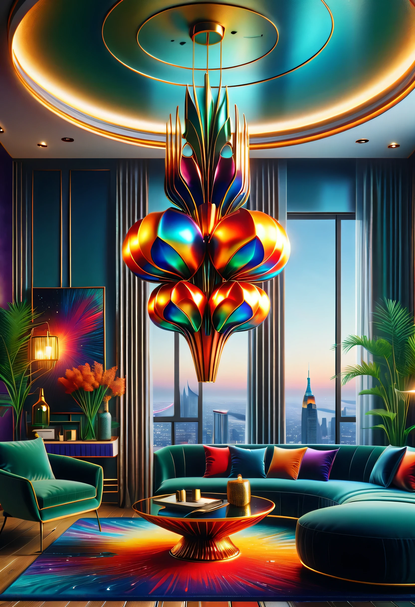 (best quality,4K,8k,high resolution,masterpiece:1.2),super detailed,(actual,photoactual,photo-actual:1.37)。(((spacious明亮的房间,high-rise,Expose artistic,Art Deco style in a dazzling color space,spacious,grand,)))。Light luxury texture,Space color matching,Metallic Color、Bright colors are the main color overall,The colors are bright and bright,Strong visual impact,Promote the atmosphere of the entire space,Creative home,Geometric chandelier,Curved decorative metal decorative vase,Full of artistic tension and aristocratic temperament,Metallic Color搭配红色、green、blue、orange,bright colors,For example, purple,Rhythmic spatial rhythm,Transformed into an exotic scene,modern,advanced。