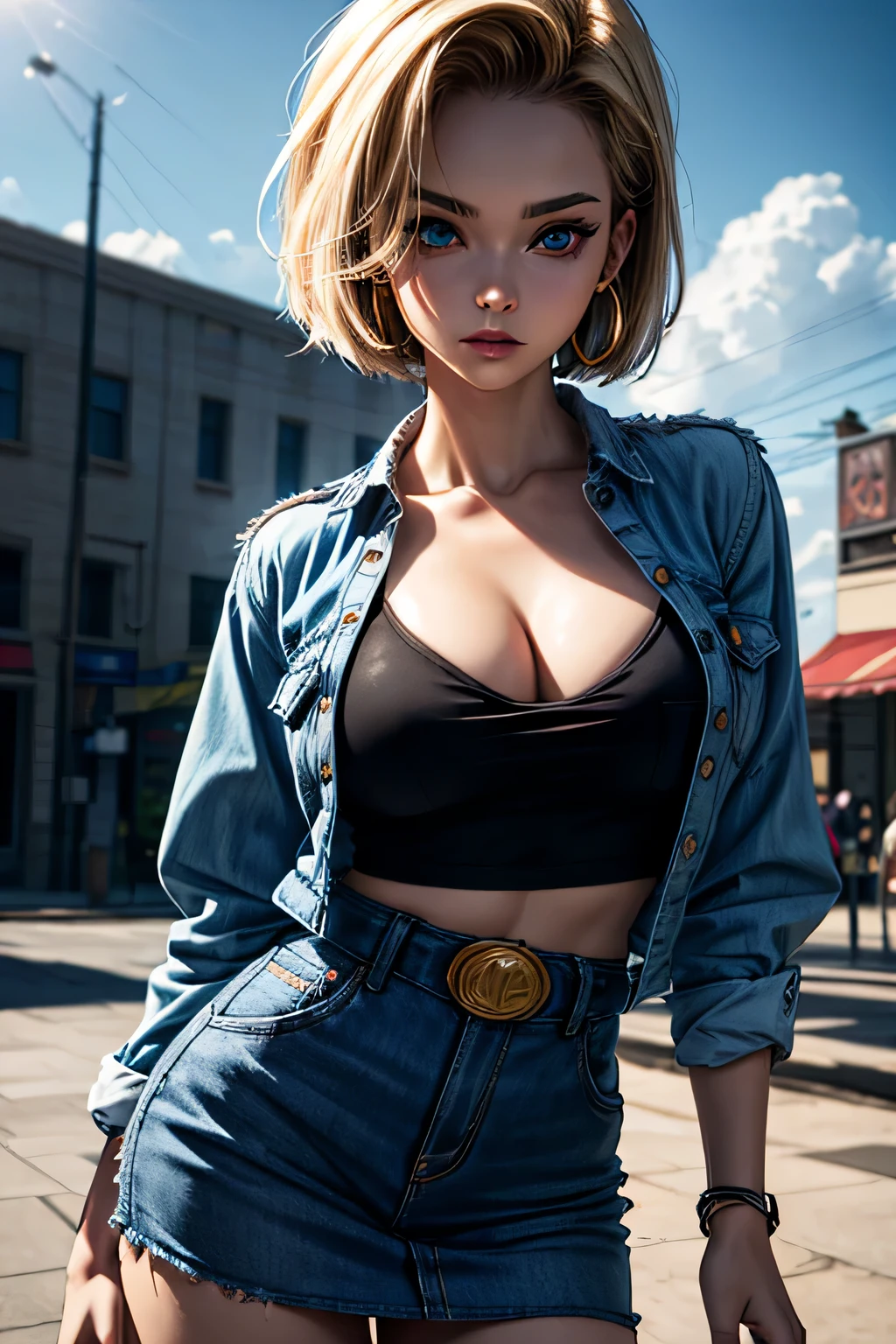 android 18, android 18, blonde hair, blue eyes, eyelash, hoop earrings, short hair, earrings, break belt, black legwear, black shirt, breast pocket, cleavage, clavicle, denim, denim skirt, high-waist skirt, jewelry, long sleeve, pocket, shirt, shirt tucked in, skirt, striped, striped sleeves, waistcoat,, break outdoors, city, null, cloud, sun, break looking at viewer, (cowboy shot:1.5), break (masterpiece:1.2), highest quality, High resolution, unity 8k wallpaper, (shape:0.8), (beautiful and detailed eyes:1.6), highly detailed face, perfect lighting, Very detailed CG, (perfect hands, perfect anatomy)