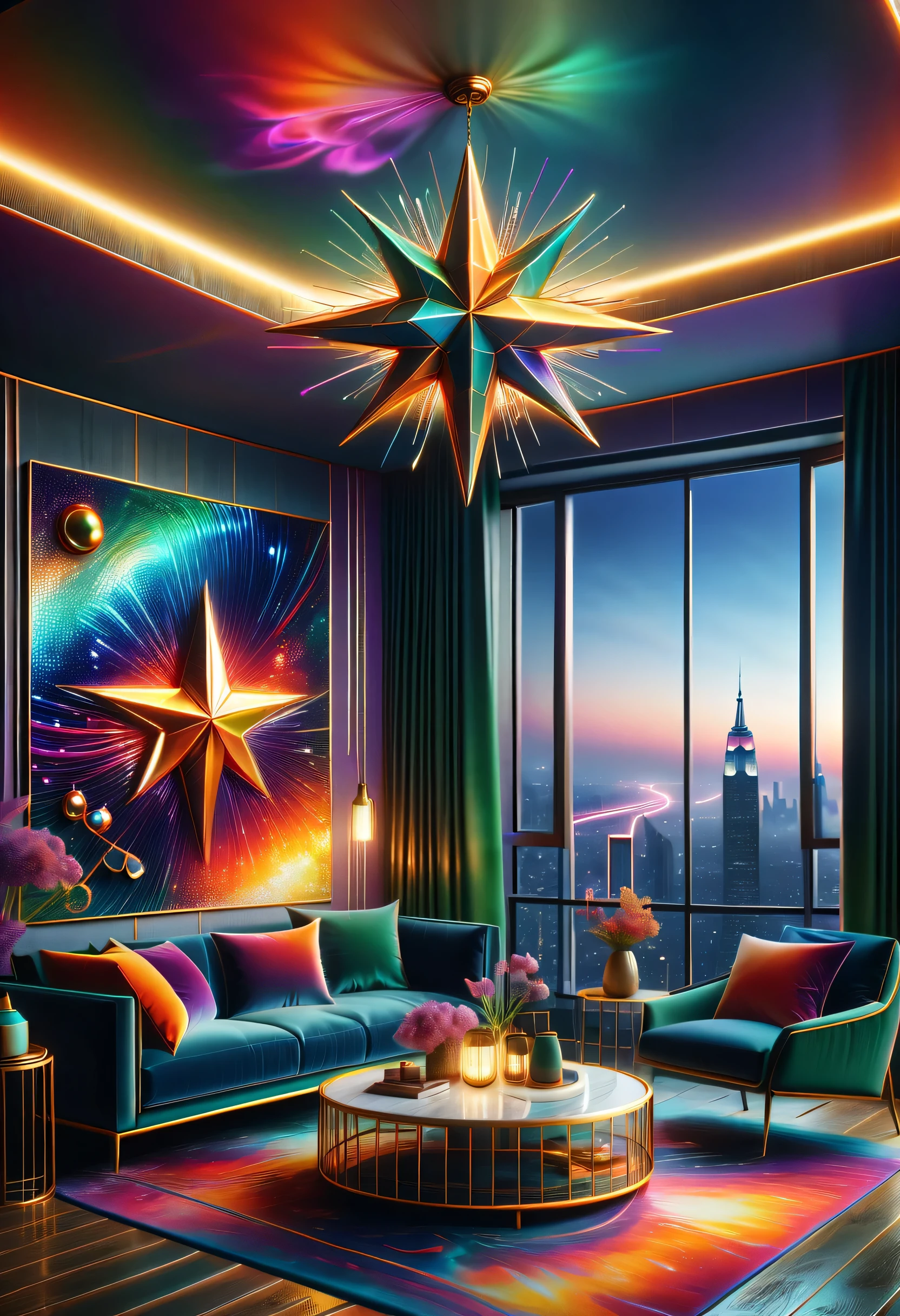 (best quality,4K,8k,high resolution,masterpiece:1.2),super detailed,(actual,photoactual,photo-actual:1.37)。(((spacious明亮的房间,high-rise,Expose artistic,Art Deco style in a dazzling color space,spacious,grand,)))。Light luxury texture,Space color matching,Metallic Color、Bright colors are the main color overall,The colors are bright and bright,Strong visual impact,Promote the atmosphere of the entire space,Night view of the city outside the window,Exquisite soft decoration,Creative home,Geometric chandelier,曲wire装饰金属装饰花瓶,((,wire、lightning、radiation、wire graphics with abstract meanings such as star icons,Integrate it into modern spaces,Bring visual impact through patterns。))Full of artistic tension and aristocratic temperament,Metallic Color搭配红色、green、blue、orange,bright colors,For example, purple,Rhythmic spatial rhythm,Transformed into an exotic scene,modern,advanced。