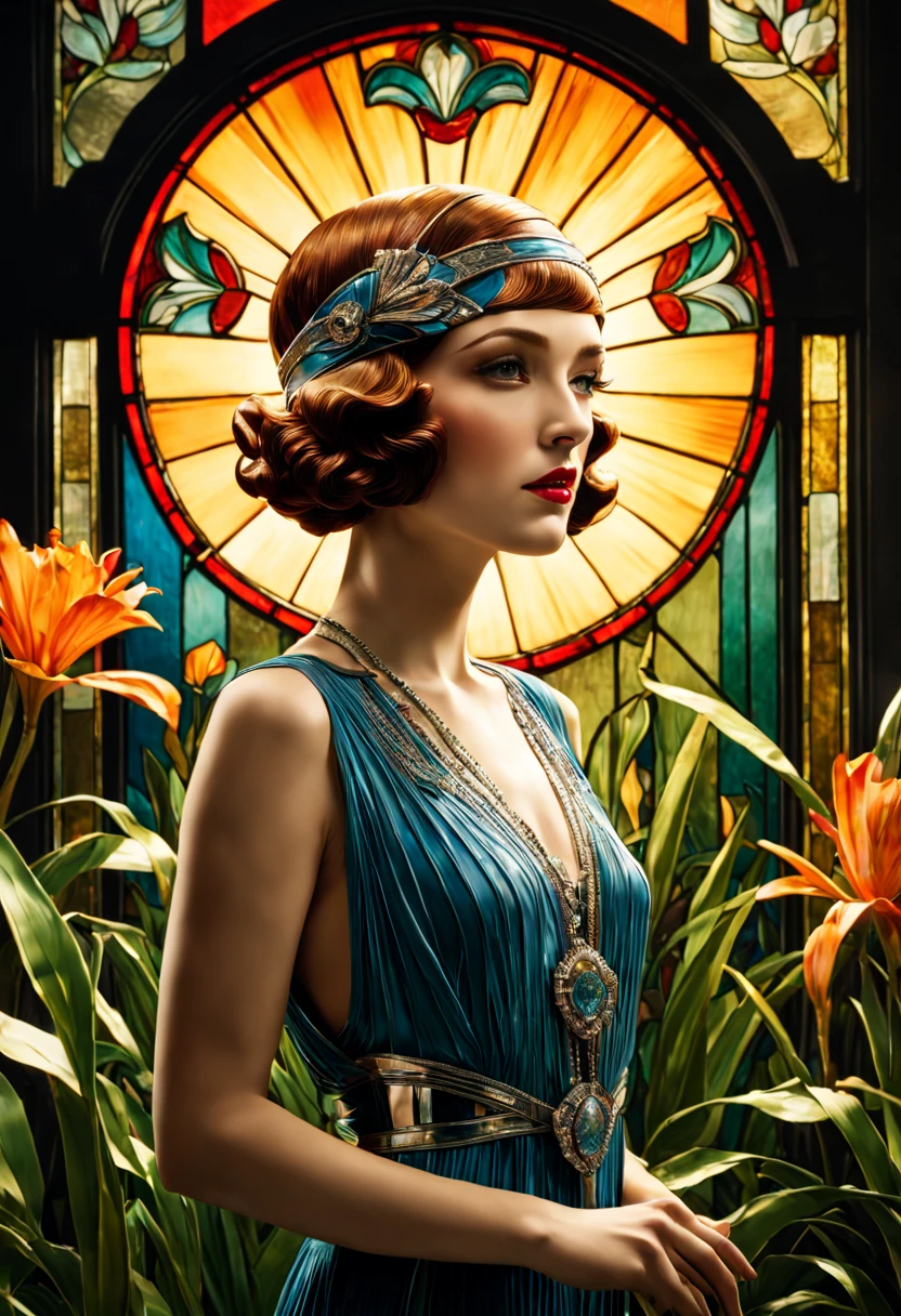 Art-Deco Stained Glass Art; Gorgeous 1920t´ Flapper Girl in a magnificient Art Deco Garden; perfect composition; World Press Photo Award winning Image; contemporary newspaper photography; artistic masterpiece; lifelike; intricately detailed vibrant professional Photography; Canon Lens, shot on Kodachrome ISO ; Action Photography; by Chris Burkard; Dave Lehl; Lucas Gilman; 16k resolutions; dynamic lighting; cinematic; shiny reimagined by Industrial Light and Magic, Hyperrealistic, splash art, concept art, mid shot, intricately detailed, color depth, dramatic, 2/3 face angle, side light, colorful background