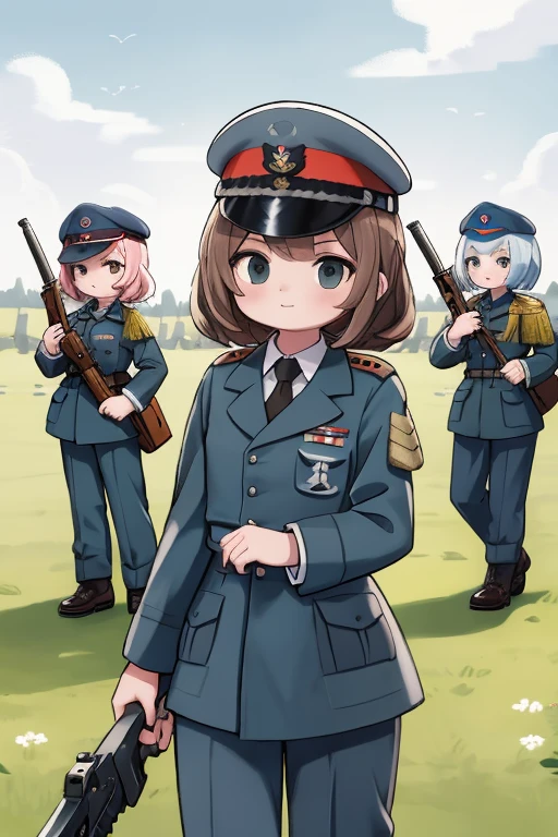 girls in second world war military uniform, holding weapons, on the battlefield