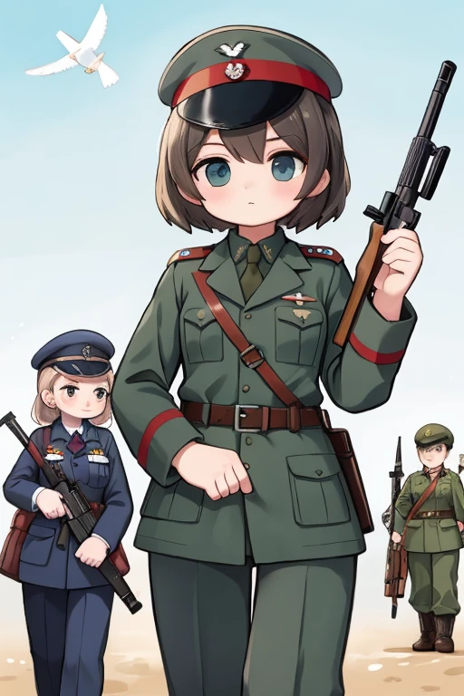 girls in second world war military uniform, holding weapons, on the battlefield