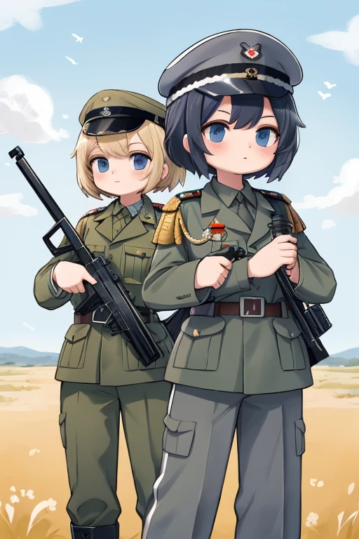 girls in second world war military uniform, holding weapons, on the battlefield
